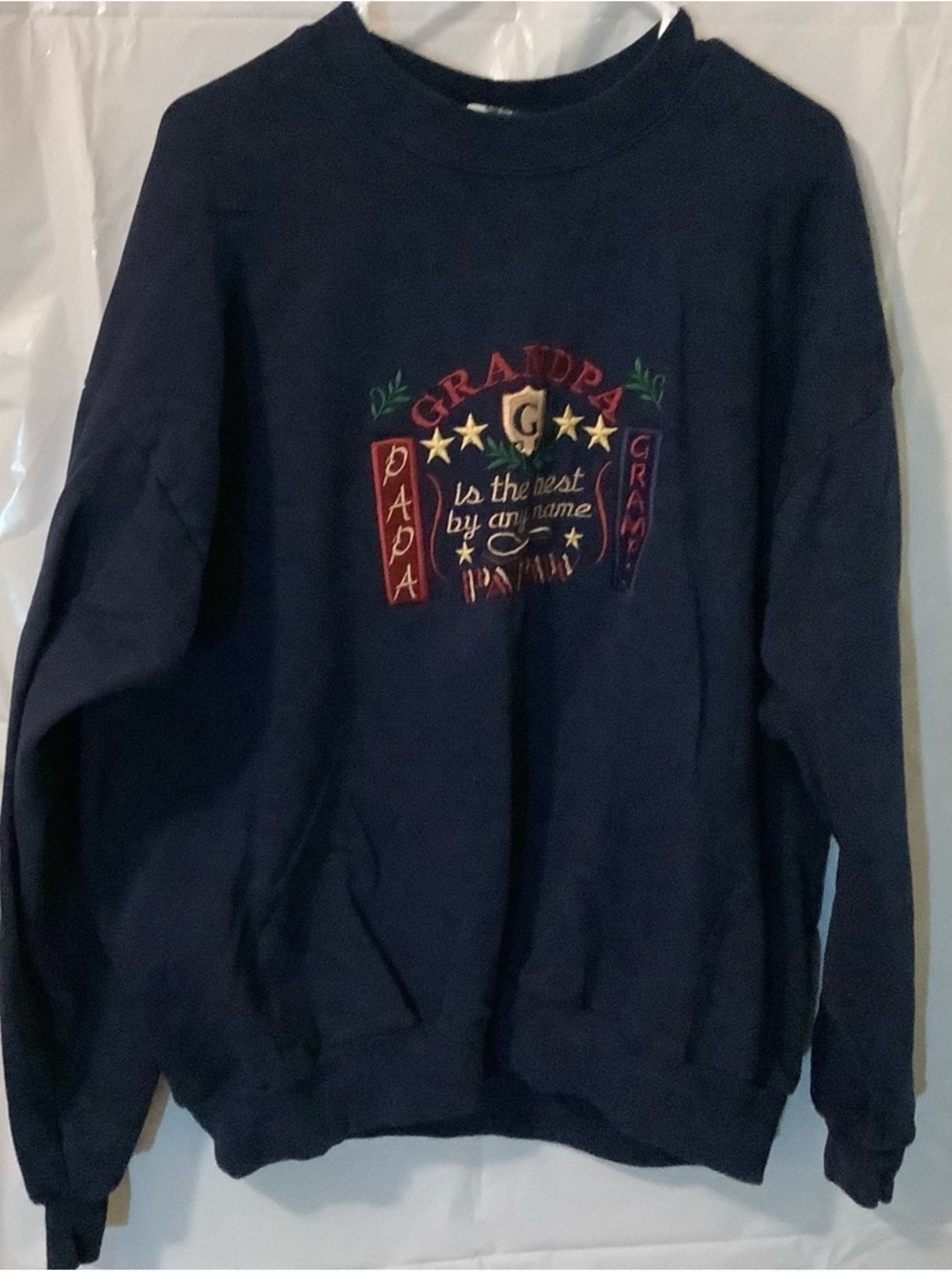 Jerzees Navy Crewneck Sweatshirt with Multicolor Embroidered 'Grandpa' Design